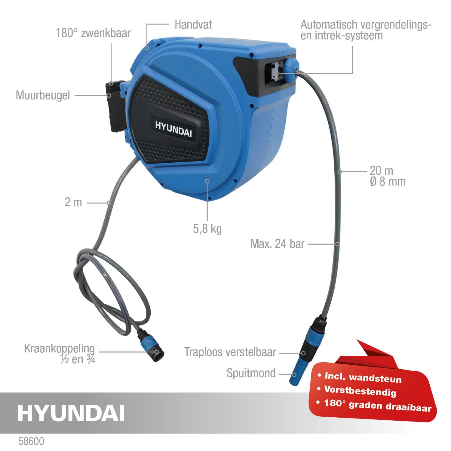 Hyundai hosereel 20 m Ø 8 mm